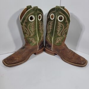 Men's Justin Bent Rail Square Toe Cowboy Boots Brown Green Leather Size 9 D